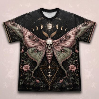 Death Head Moth Moon Phases T-Shirt Pink Rose Gothic Tee front view