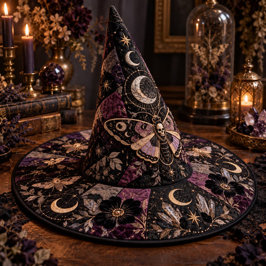 Death Head Moth Quilted Witch Hat – Gothic Occult Wide Brim Hat – styled with candles and crystals