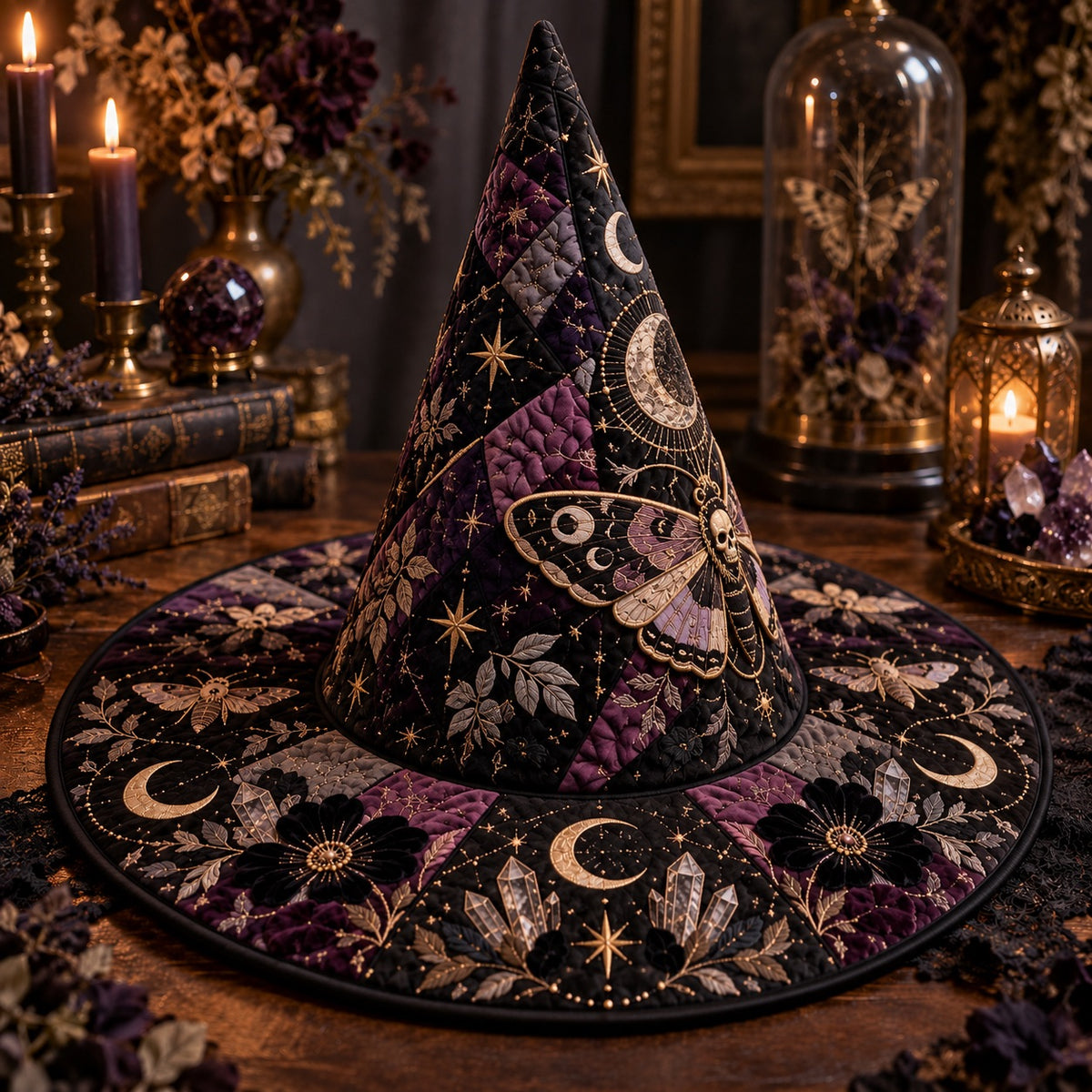 Death Head Moth Quilted Witch Hat – Gothic Occult Wide Brim Hat – styled with candles and crystals