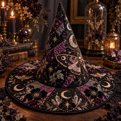 Death Head Moth Quilted Witch Hat – Gothic Occult Wide Brim Hat – styled with candles and crystals