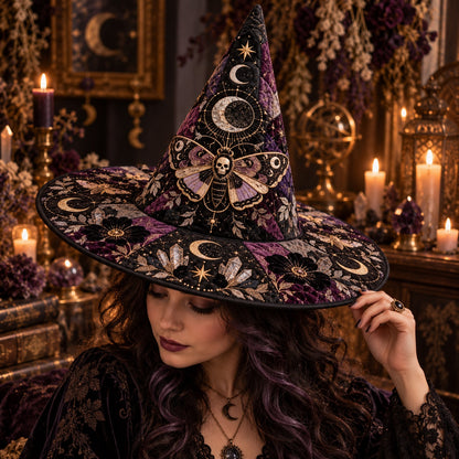 Death Head Moth Quilted Witch Hat – Gothic Occult Wide Brim Hat – worn by a model