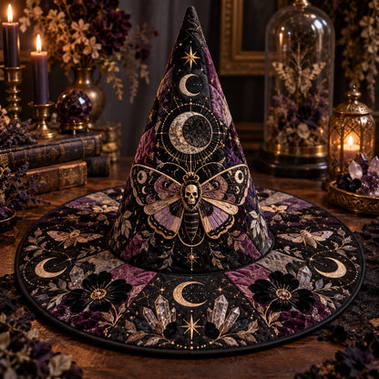 Death Head Moth Quilted Witch Hat – Gothic Occult Wide Brim Hat – styled with candles and crystals