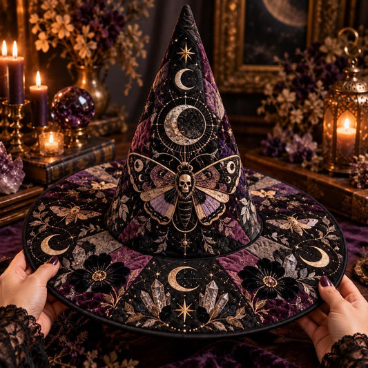 Death Head Moth Quilted Witch Hat – Gothic Occult Wide Brim Hat – held in both hands