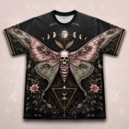 Death Head Moth Moon Phases T-Shirt Pink Rose Gothic Tee front view