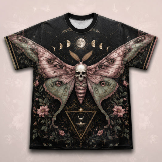 Death Head Moth Moon Phases T-Shirt Pink Rose Gothic Tee front view