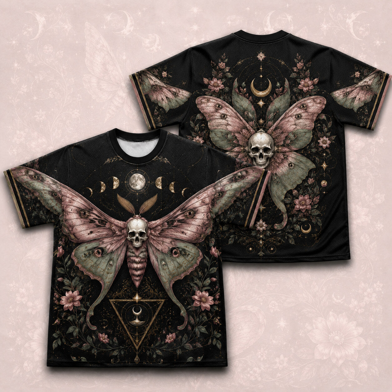 Death Head Moth Moon Phases T-Shirt Pink Rose Gothic Tee front and back together