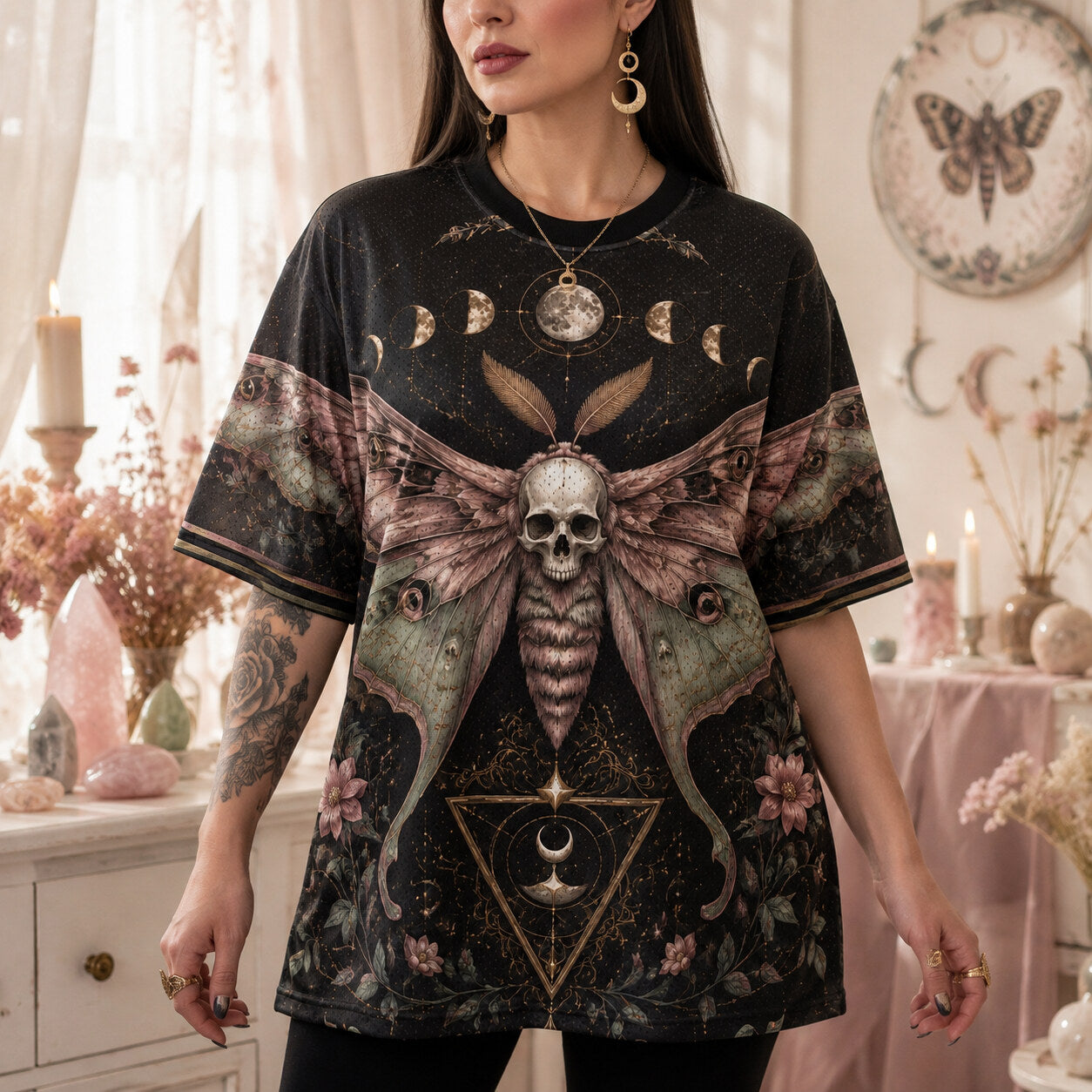 Death Head Moth Moon Phases T-Shirt Pink Rose Gothic Tee worn, front view
