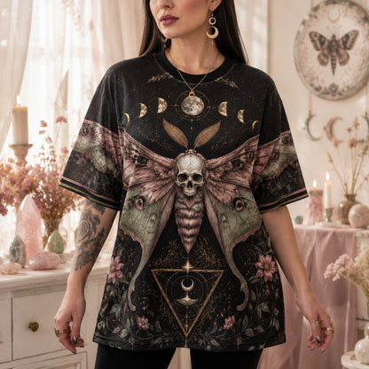Death Head Moth Moon Phases T-Shirt Pink Rose Gothic Tee worn, front view