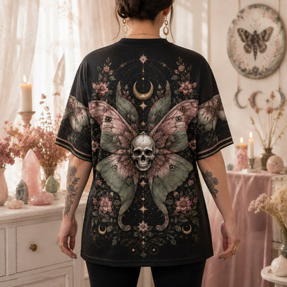 Death Head Moth Moon Phases T-Shirt Pink Rose Gothic Tee worn, back view