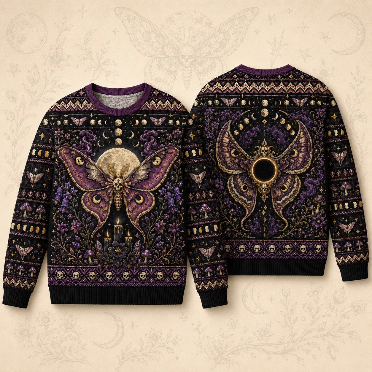 Death Head Moth Sweater Eclipse Purple Gothic Knit Jumper front and back together