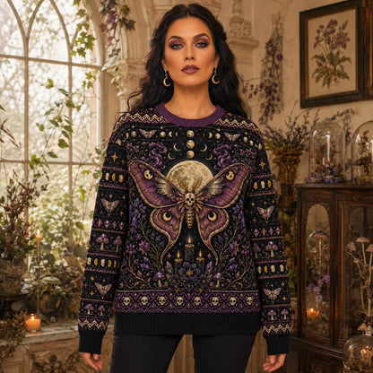 Death Head Moth Sweater Eclipse Purple Gothic Knit Jumper worn, front view