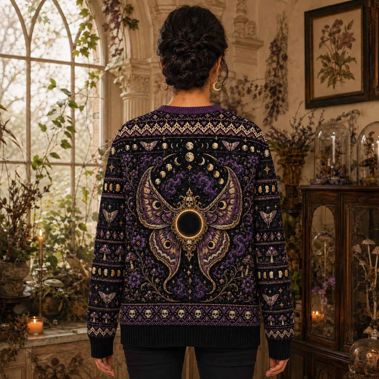 Death Head Moth Sweater Eclipse Purple Gothic Knit Jumper worn, back view