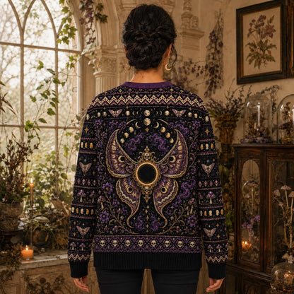 Death Head Moth Sweater Eclipse Purple Gothic Knit Jumper worn, back view
