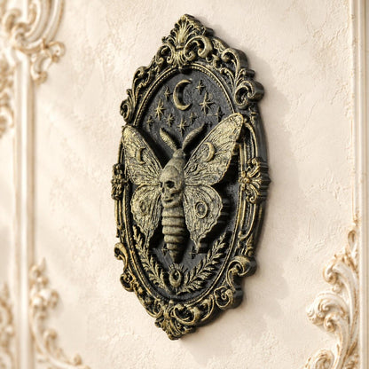 Death Head Moth Wall Decor Oval Baroque Frame Wall Art — view 2 showing carved details in a bright gothic vintage setting