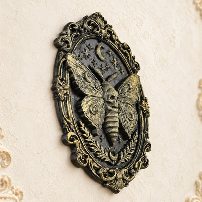 Death Head Moth Wall Decor Oval Baroque Frame Wall Art — view 3 showing carved details in a bright gothic vintage setting