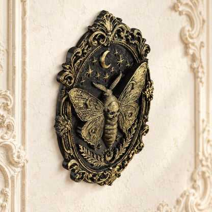 Death Head Moth Wall Decor Oval Baroque Frame Wall Art — view 4 showing carved details in a bright gothic vintage setting