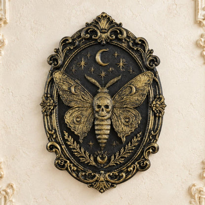 Death Head Moth Wall Decor Oval Baroque Frame Wall Art — view 1 showing carved details in a bright gothic vintage setting