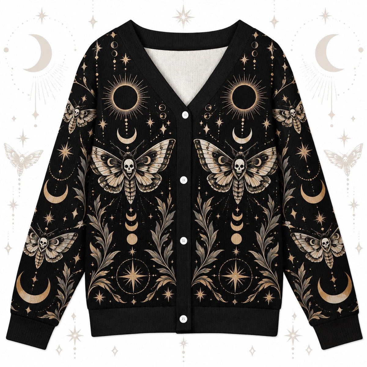 Death Moth Black Sun Eclipse Gothic Cardigan for Women Skull Moon Phase, front view
