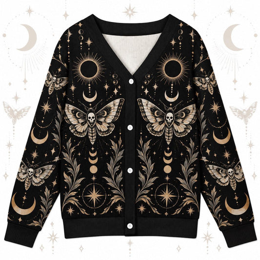Death Moth Black Sun Eclipse Gothic Cardigan for Women Skull Moon Phase, front view