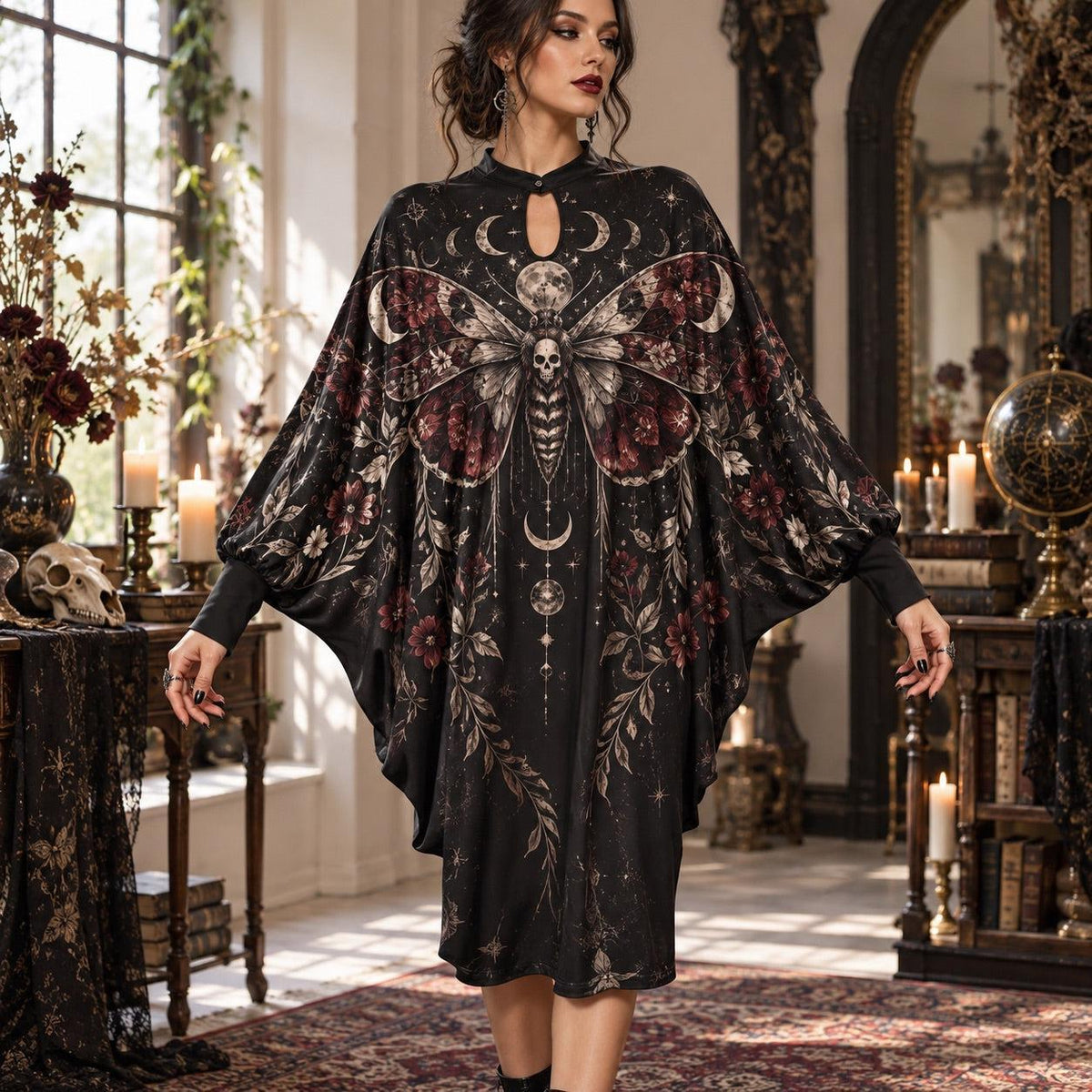 Death Moth Gothic Batwing Dress – Witchy Moon Phase Dark Floral Midi – worn, front view