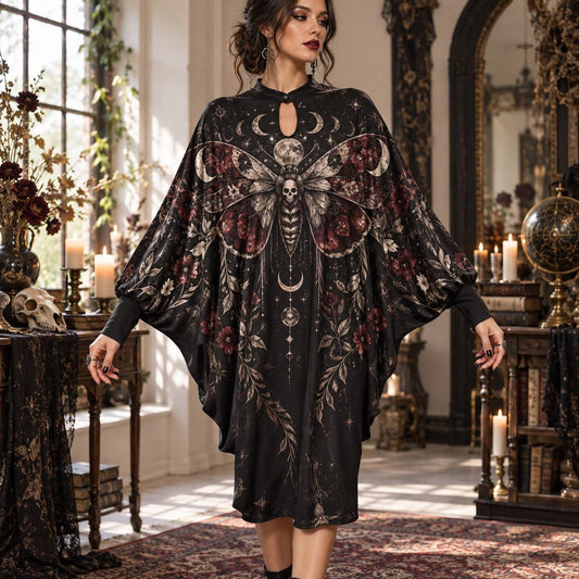 Death Moth Gothic Batwing Dress – Witchy Moon Phase Dark Floral Midi – worn, front view