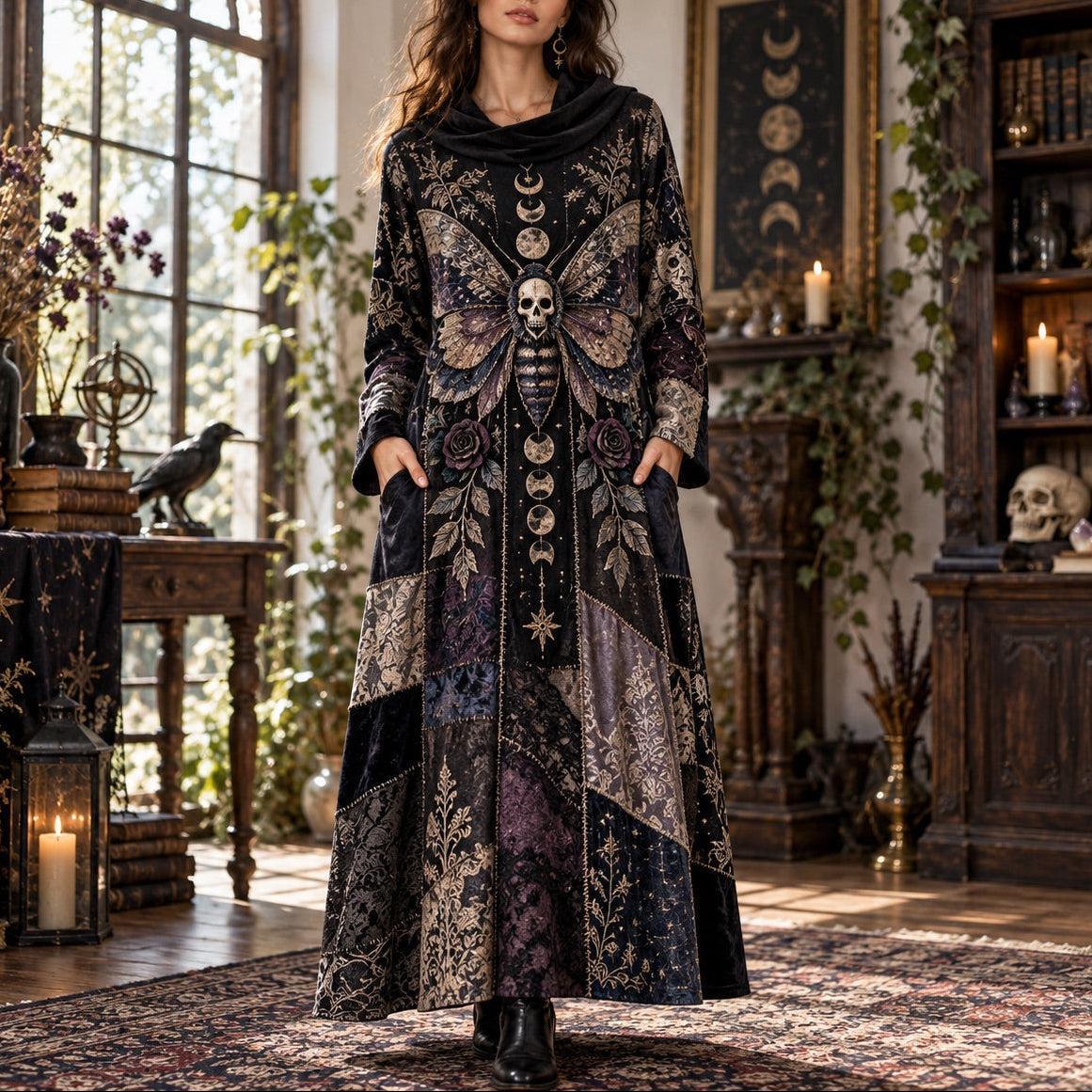 Death Moth Gothic Cowl Neck Dress – Witchy Celestial Moon Phase Maxi – worn, front view