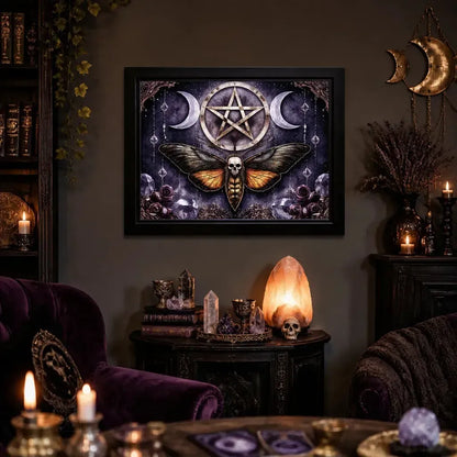 Death Moth Gothic Decor with Triple Moon - Halloween Black Framed Art Print Canvas for Witch Home Decor_mockup_1.webp