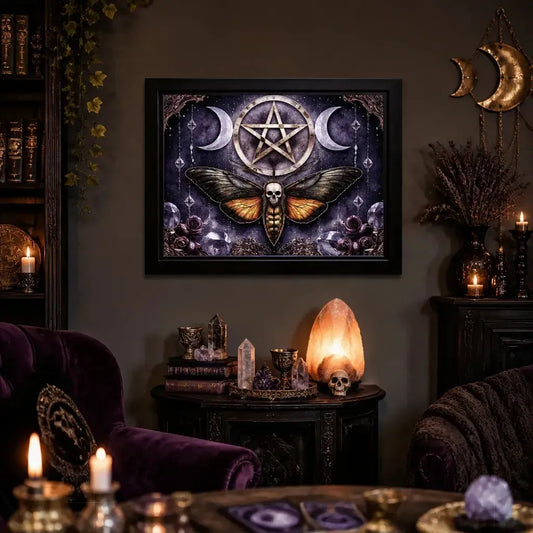 Death Moth Gothic Decor with Triple Moon - Halloween Black Framed Art Print Canvas for Witch Home Decor_mockup_1.webp