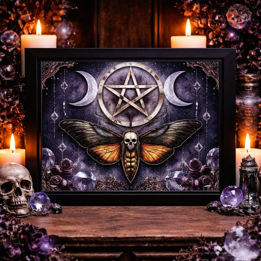 Black framed art print with a death moth, skull, pentacle, and triple moon design.