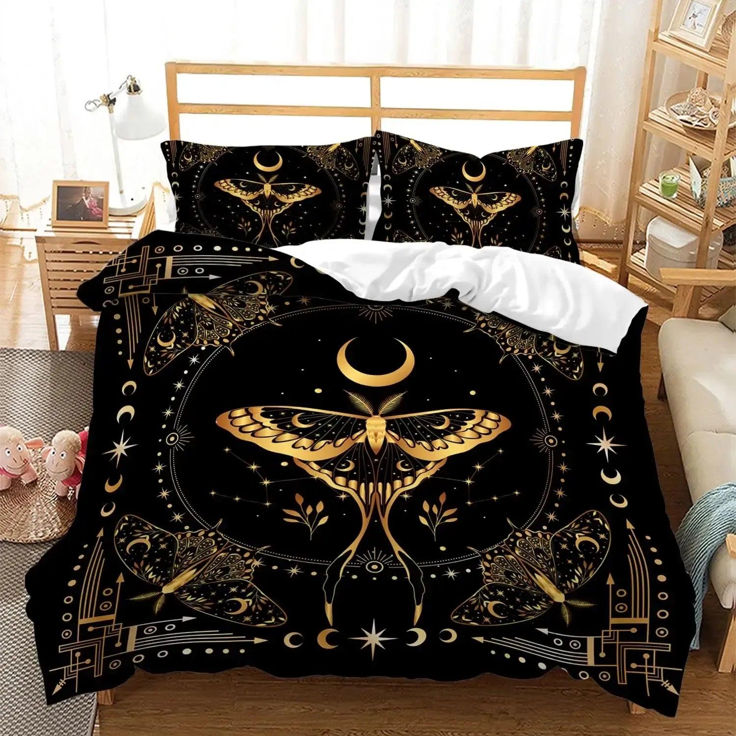 Death Moth Gothic Duvet Cover Set - Moon Phase Luna Moth Gothic Bedding Set-MoonChildWorld