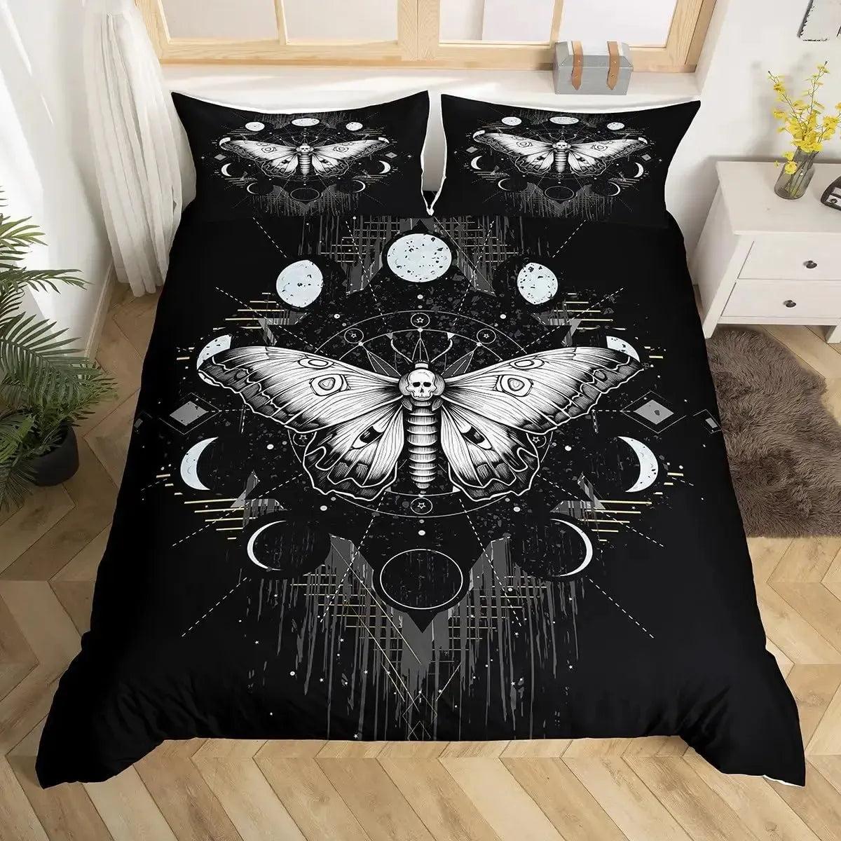 Death Moth Gothic Duvet Cover Set - Moon Phase Luna Moth Gothic Bedding Set-MoonChildWorld