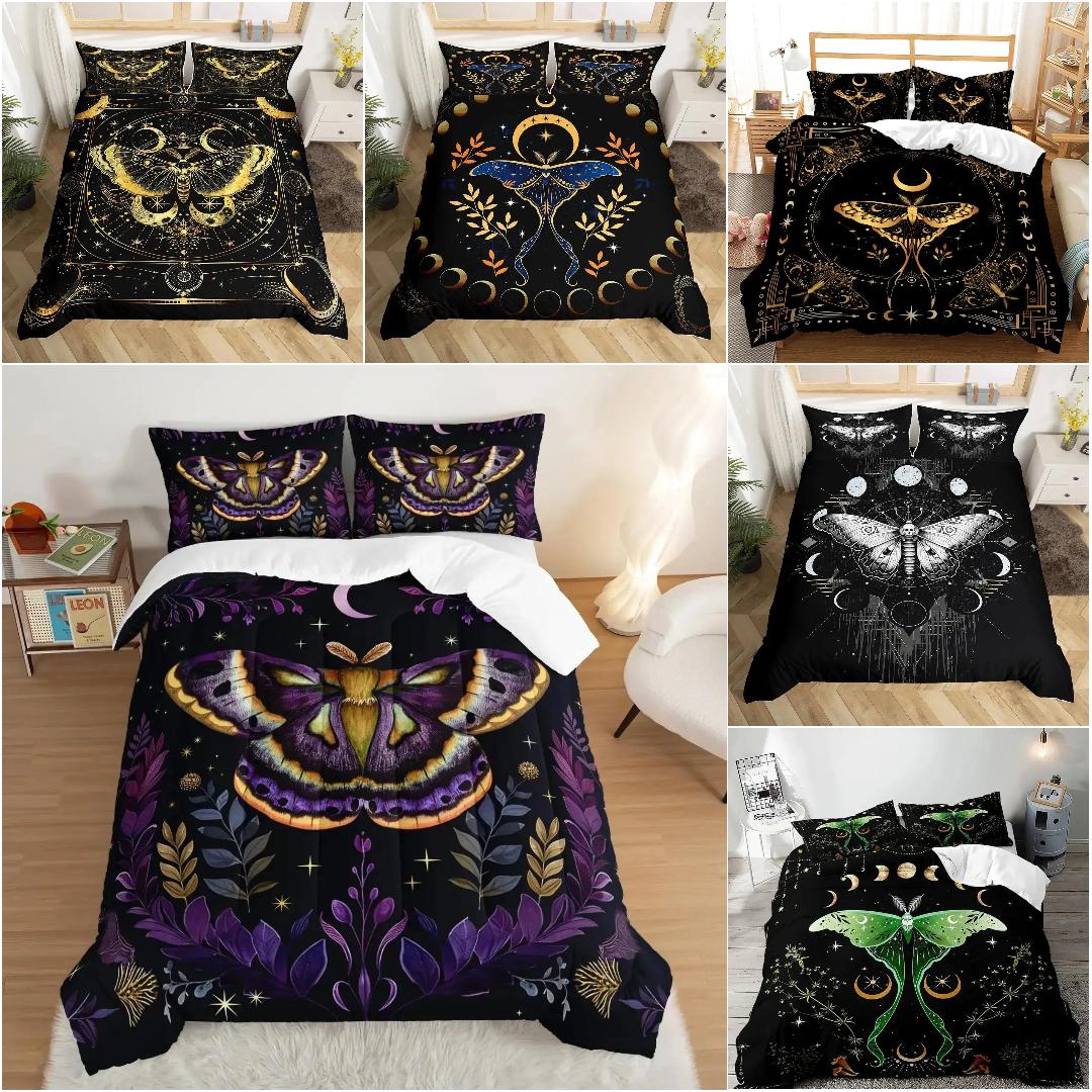 Death Moth Gothic Duvet Cover Set - Moon Phase Luna Moth Gothic Bedding Set-MoonChildWorld