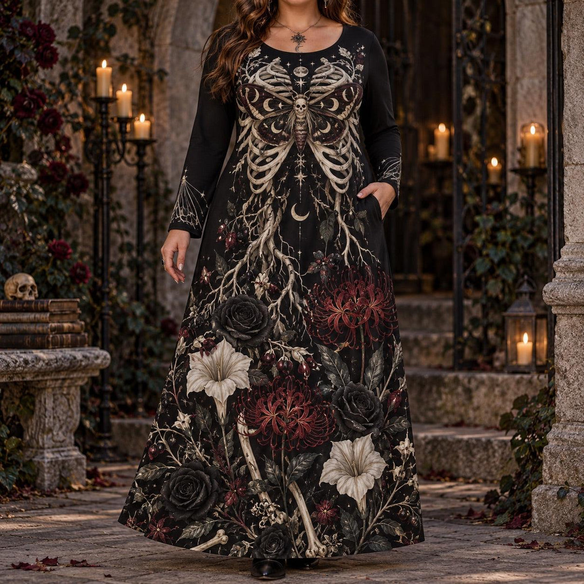 Death Moth Skeleton Plus Size Witch Dress – Gothic Long Sleeve Maxi – worn, front view