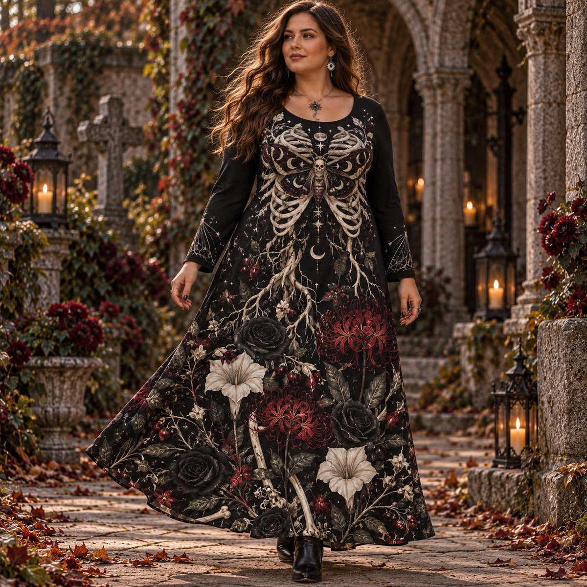 Death Moth Skeleton Plus Size Witch Dress – Gothic Long Sleeve Maxi – worn, in motion