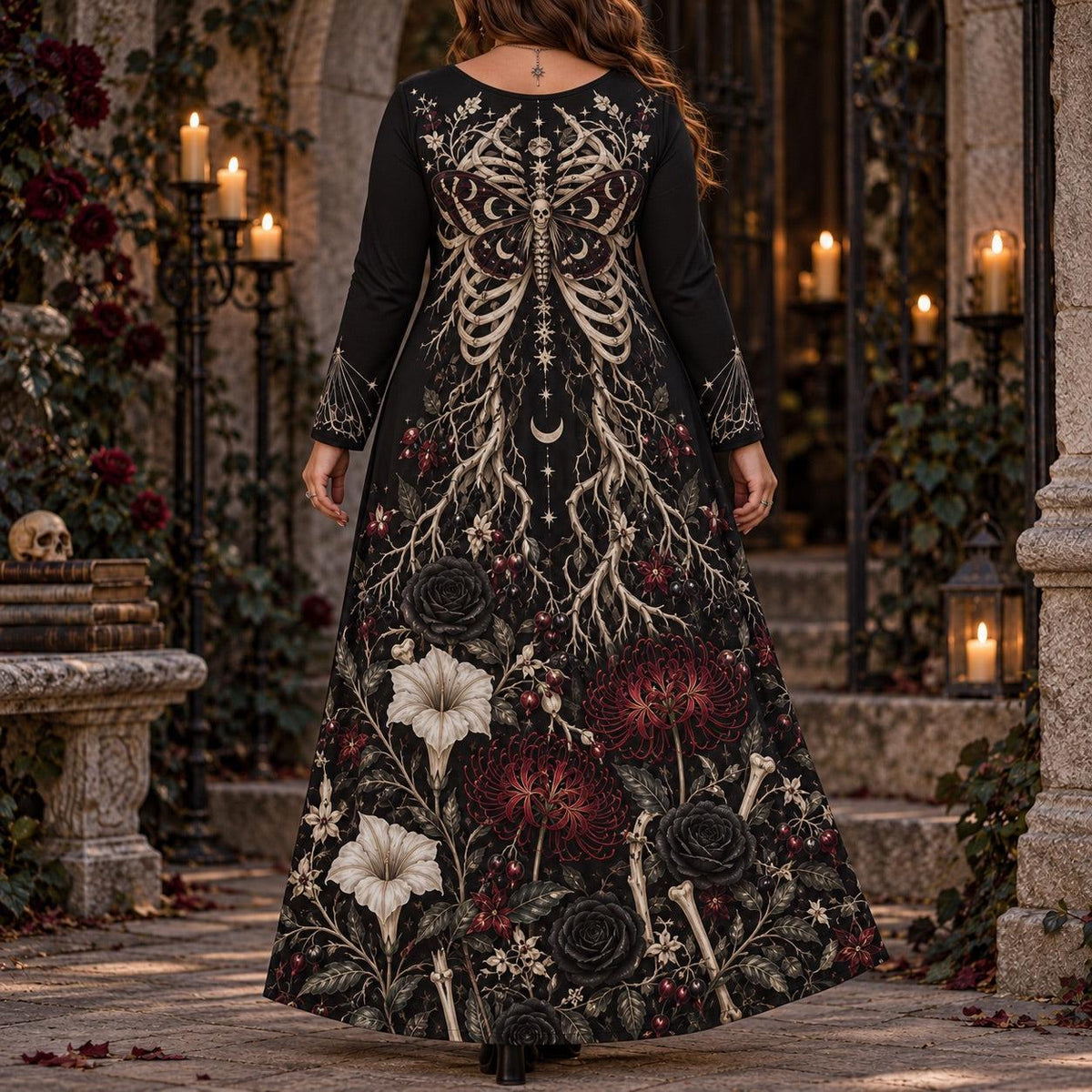 Death Moth Skeleton Plus Size Witch Dress – Gothic Long Sleeve Maxi – worn, back view