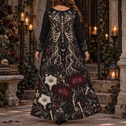 Death Moth Skeleton Plus Size Witch Dress – Gothic Long Sleeve Maxi – worn, back view