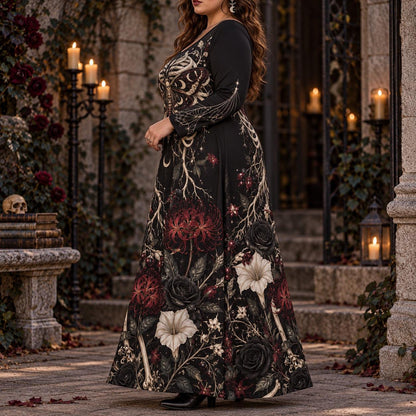 Death Moth Skeleton Plus Size Witch Dress – Gothic Long Sleeve Maxi – worn, three quarter view