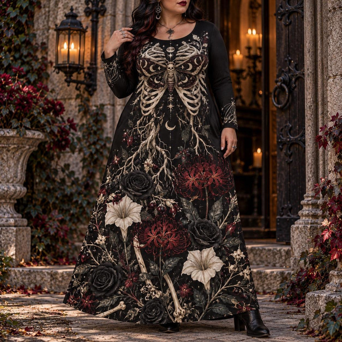 Death Moth Skeleton Plus Size Witch Dress – Gothic Long Sleeve Maxi – worn, in motion