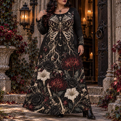 Death Moth Skeleton Plus Size Witch Dress – Gothic Long Sleeve Maxi – worn, in motion