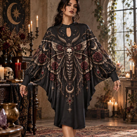 Death's-Head Moth Rose Gothic Batwing Dress – Thorn Moon Witchy Midi – worn, front view