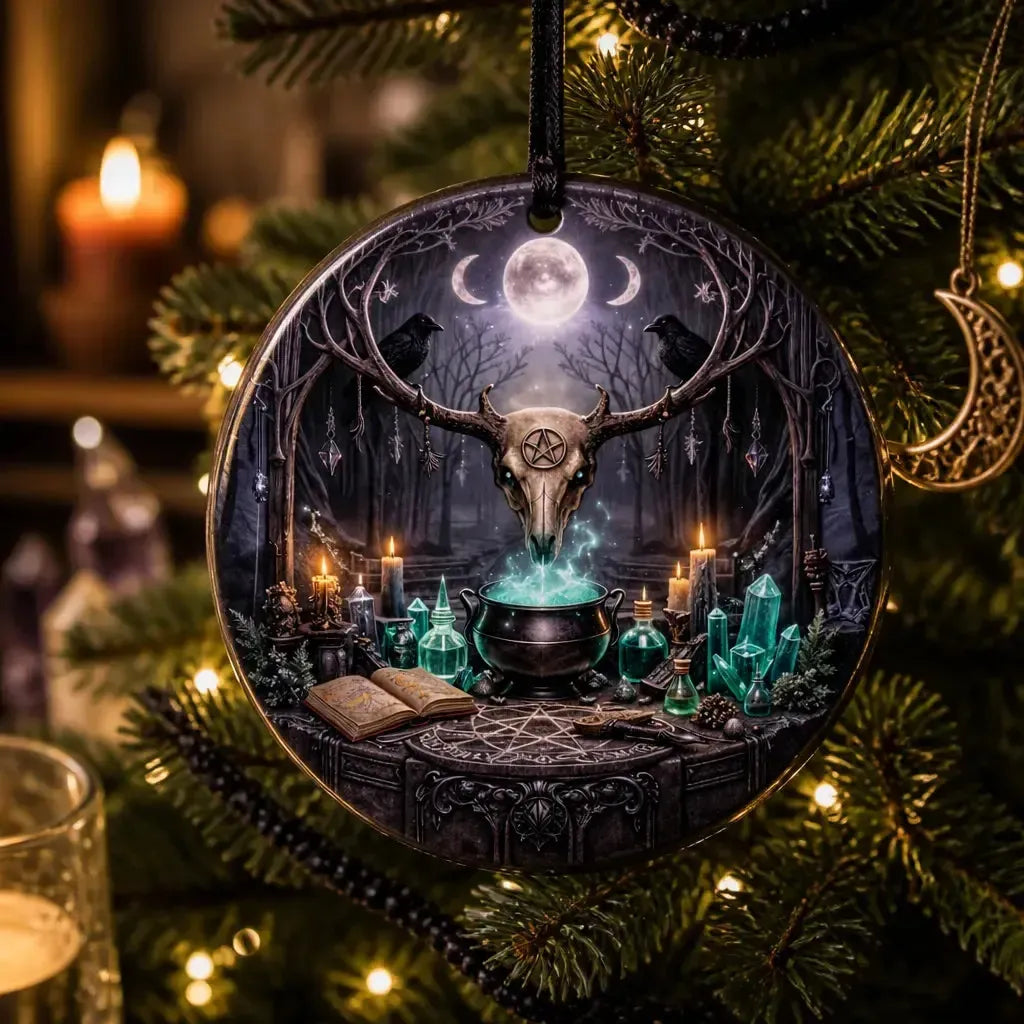 Deer Skull Wiccan Yule Ceramic Ornament – Gothic Christmas Tree Decor_mockup_1.webp