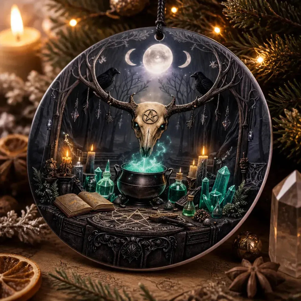 Deer Skull Wiccan Yule Ceramic Ornament – Gothic Christmas Tree Decor_mockup_2.webp