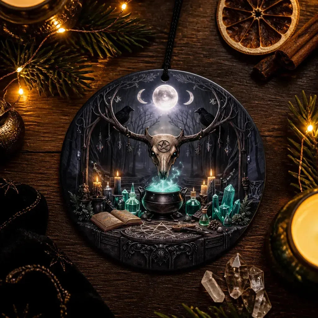 Deer Skull Wiccan Yule Ceramic Ornament – Gothic Christmas Tree Decor_mockup_3.webp