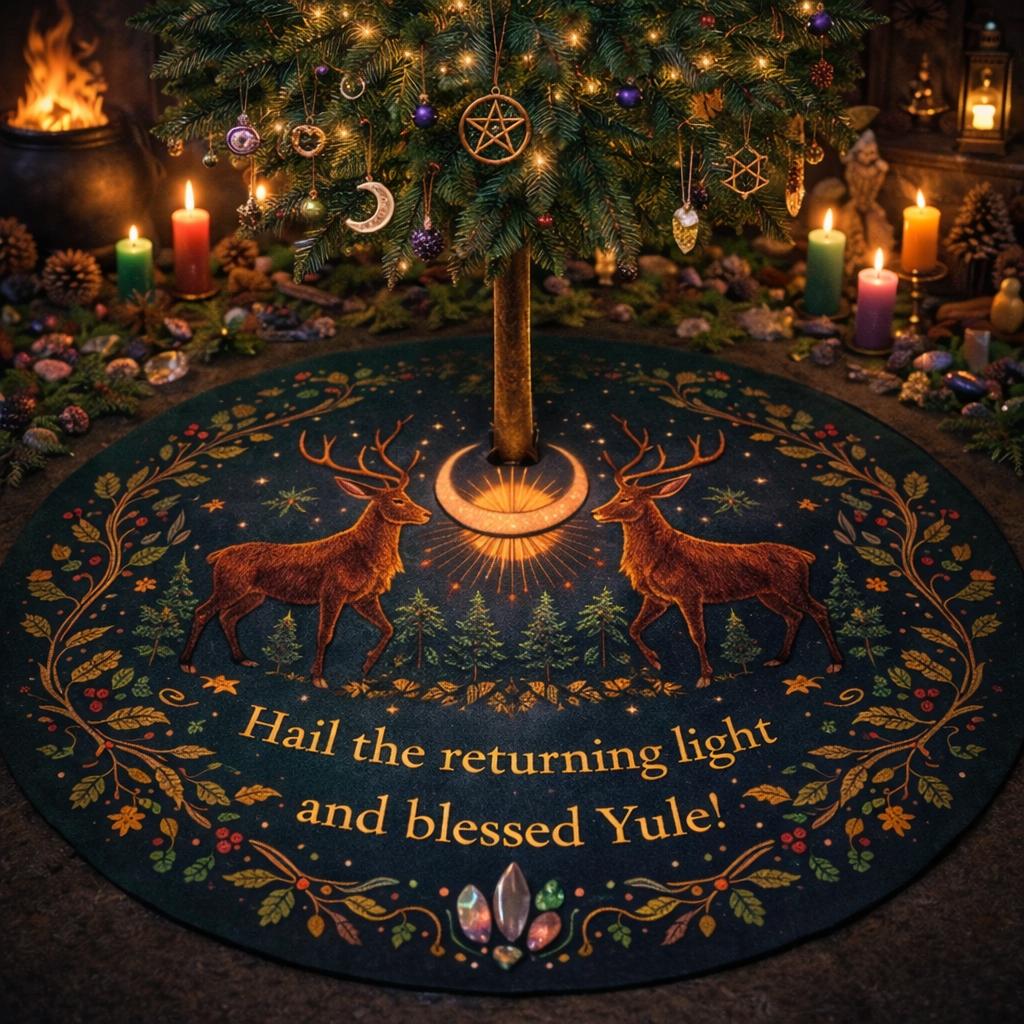 Dark green velvet Yule tree skirt with two stags, a crescent moon, forest, and "Hail the returning light and blessed Yule!" text.