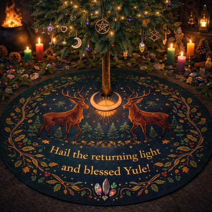 Dark green velvet Yule tree skirt with two stags, a crescent moon, forest, and "Hail the returning light and blessed Yule!" text.