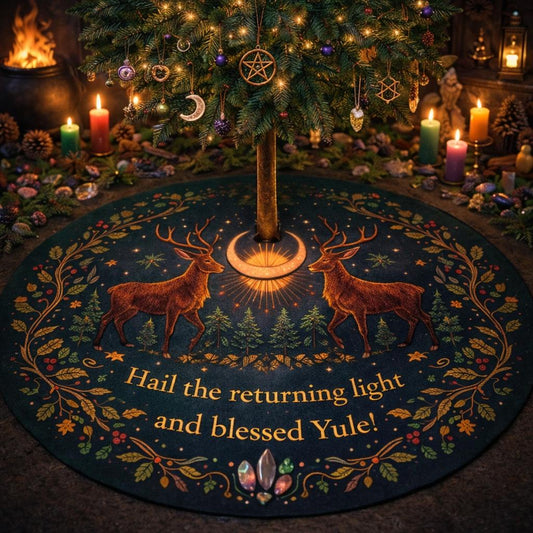 Dark green velvet Yule tree skirt with two stags, a crescent moon, forest, and "Hail the returning light and blessed Yule!" text.