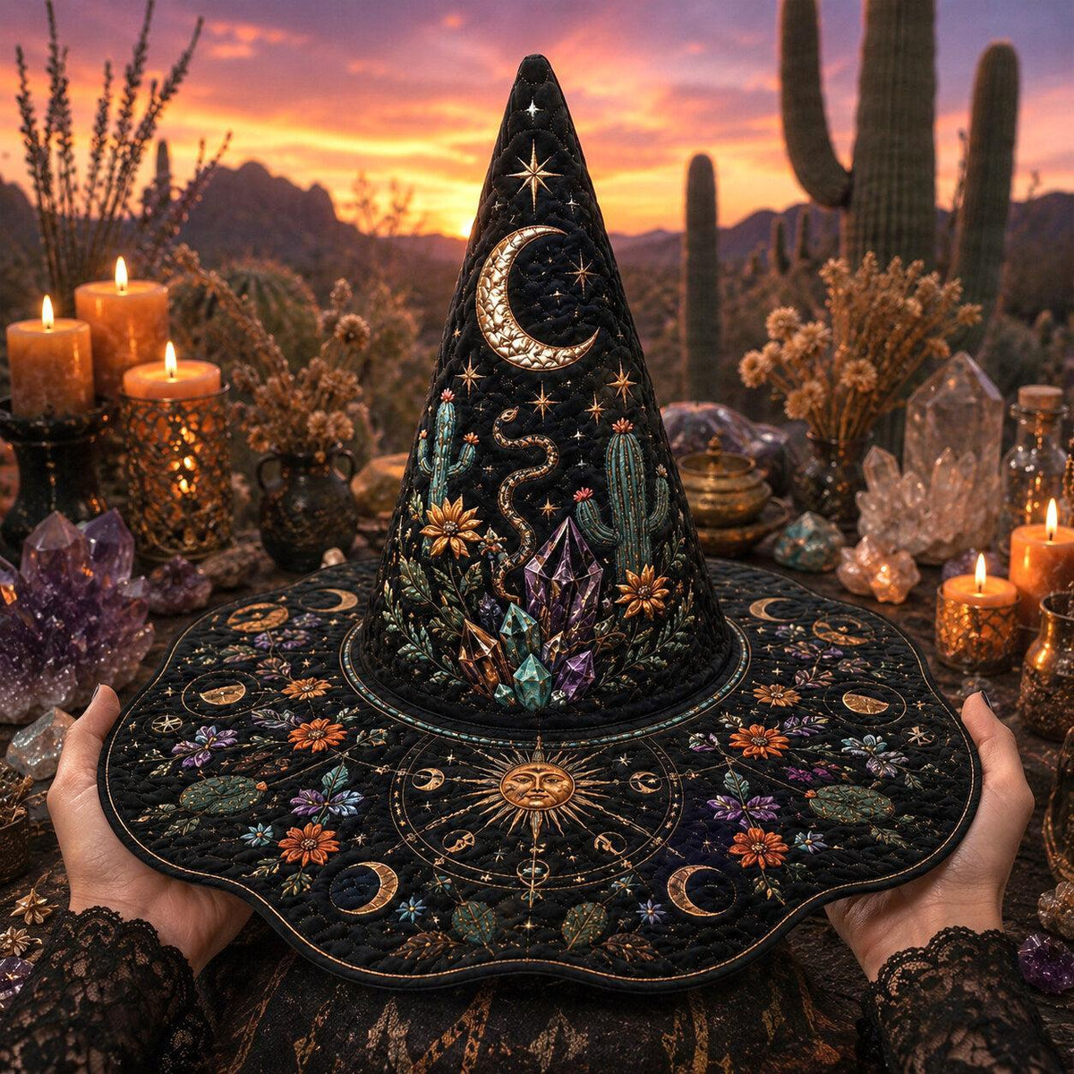 Desert Witch Hat – Cactus Sunset Celestial Pagan Wide Brim Hat – worn, front view