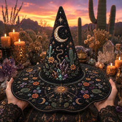 Desert Witch Hat – Cactus Sunset Celestial Pagan Wide Brim Hat – worn, front view