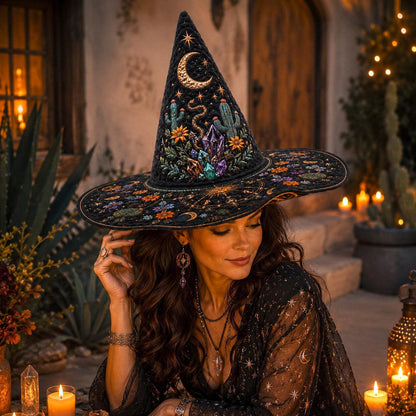 Desert Witch Hat – Cactus Sunset Celestial Pagan Wide Brim Hat – quilting and print detail