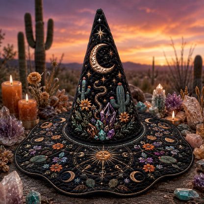 Desert Witch Hat – Cactus Sunset Celestial Pagan Wide Brim Hat – on an altar table